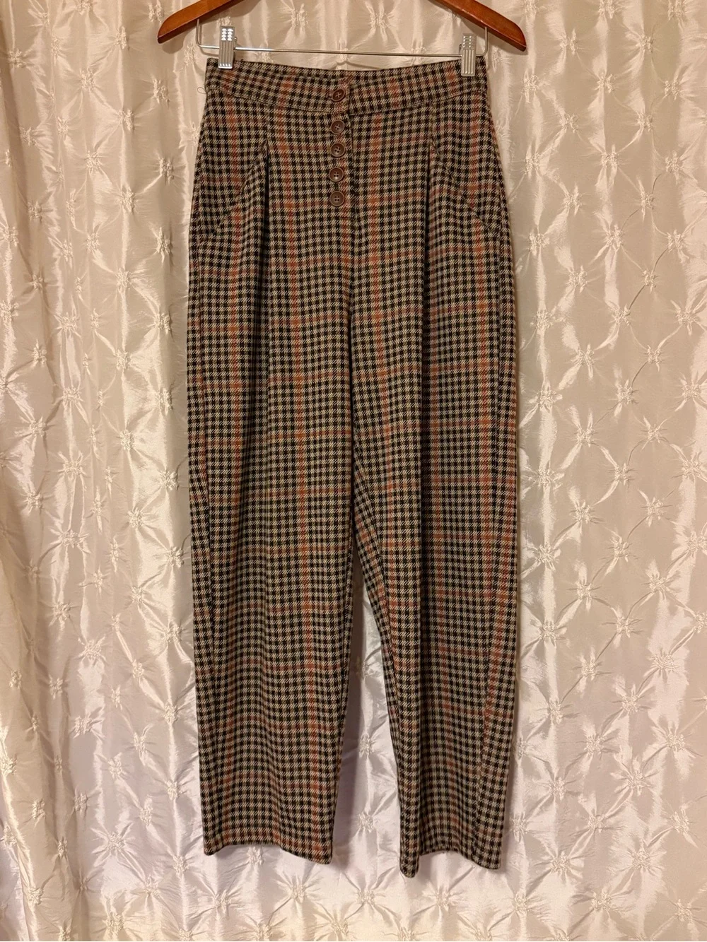 Free People Brown Posey Plaid Pants High Rise Pleated Tapered Leg Trousers Boho